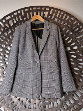 ❤️ Women's Glen Plaid One-Button Blazer Black White Petite Small Jules & Leopold
